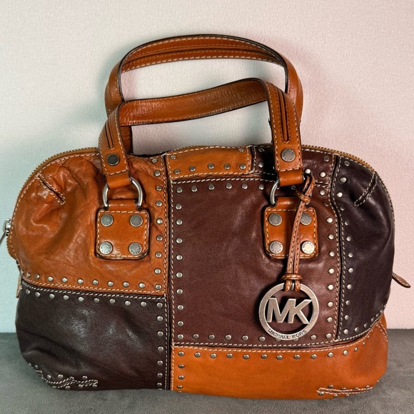 Michael Kors Studded Leather Patchwork Hand Bag with Logo Charm - Picture 1 of 7